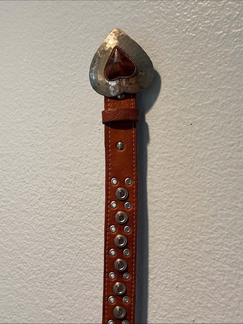 Chico's Tan Leather Belt with Hammered Silver Heart Buckle